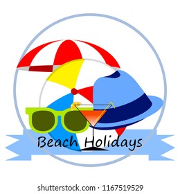 beach umbrella ball sunglasses cocktail hat beach holiday vector background