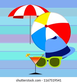beach umbrella ball sunglasses cocktail hat beach holiday vector background