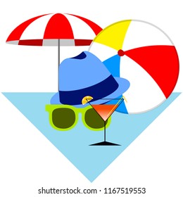 beach umbrella ball sunglasses cocktail hat beach holiday vector background