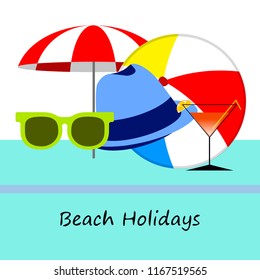 beach umbrella ball sunglasses cocktail hat beach holiday vector background