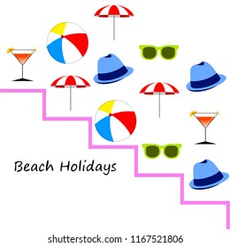 beach umbrella ball sunglasses cocktail hat beach holiday vector background