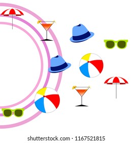 beach umbrella ball sunglasses cocktail hat beach holiday vector background