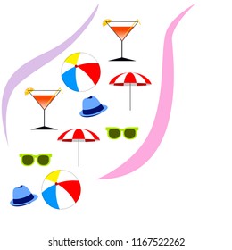 beach umbrella ball sunglasses cocktail hat beach holiday vector background