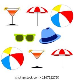 beach umbrella ball sunglasses cocktail hat beach holiday vector background