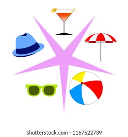 beach umbrella ball sunglasses cocktail hat beach holiday vector background