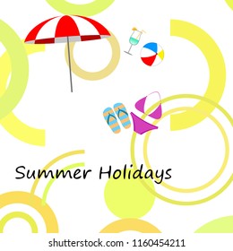 beach umbrella ball swimsuit flip flops cocktail summer holiday vector background