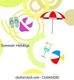beach umbrella ball swimsuit flip flops cocktail summer holiday vector background
