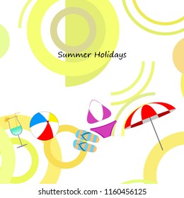 beach umbrella ball swimsuit flip flops cocktail summer holiday vector background