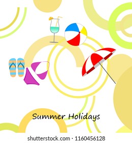 beach umbrella ball swimsuit flip flops cocktail summer holiday vector background