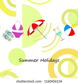 beach umbrella ball swimsuit flip flops cocktail summer holiday vector background
