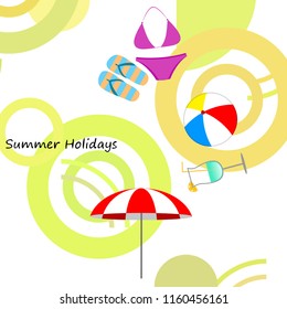 beach umbrella ball swimsuit flip flops cocktail summer holiday vector background