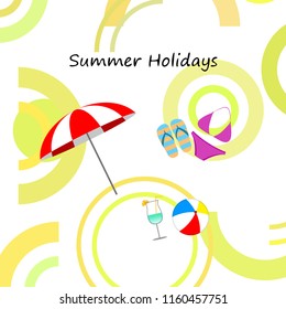 beach umbrella ball swimsuit flip flops cocktail summer holiday vector background