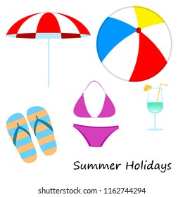beach umbrella ball swimsuit flip flops cocktail e