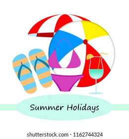 beach umbrella ball swimsuit flip flops cocktail e