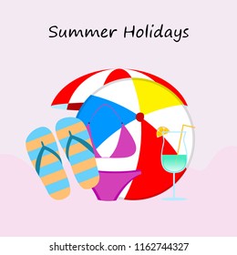 beach umbrella ball swimsuit flip flops cocktail summer holiday vector background
