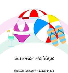 beach umbrella ball swimsuit flip flops cocktail e