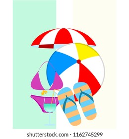 beach umbrella ball swimsuit flip flops cocktail summer holiday vector background