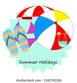 beach umbrella ball swimsuit flip flops cocktail summer holiday vector background