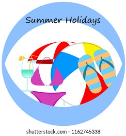 beach umbrella ball swimsuit flip flops cocktail summer holiday vector background