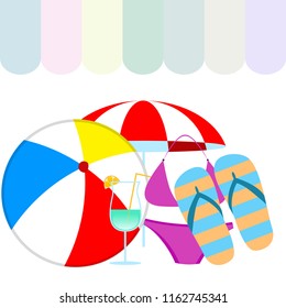 beach umbrella ball swimsuit flip flops cocktail summer holiday vector background
