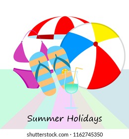 beach umbrella ball swimsuit flip flops cocktail summer holiday vector background