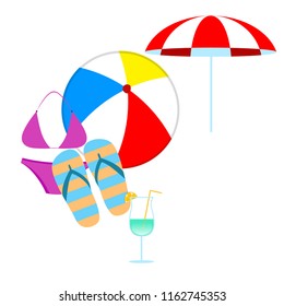 beach umbrella ball swimsuit flip flops cocktail summer holiday vector background