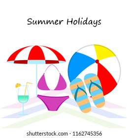 beach umbrella ball swimsuit flip flops cocktail summer holiday vector background