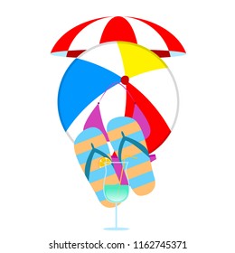 beach umbrella ball swimsuit flip flops cocktail summer holiday vector background