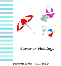beach umbrella ball swimsuit flip flops cocktail summer holiday vector background