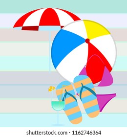 beach umbrella ball swimsuit flip flops cocktail summer holiday vector background
