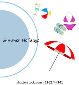 beach umbrella ball swimsuit flip flops cocktail summer holiday vector background