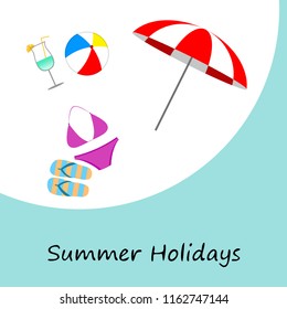 beach umbrella ball swimsuit flip flops cocktail summer holiday vector background