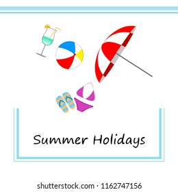 beach umbrella ball swimsuit flip flops cocktail summer holiday vector background