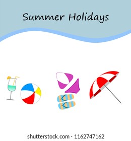 beach umbrella ball swimsuit flip flops cocktail summer holiday vector background