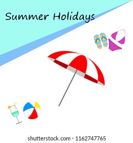 beach umbrella ball swimsuit flip flops cocktail summer holiday vector background