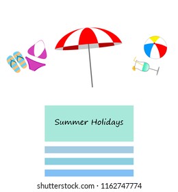 beach umbrella ball swimsuit flip flops cocktail summer holiday vector background