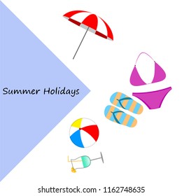 beach umbrella ball swimsuit flip flops cocktail summer holiday vector background