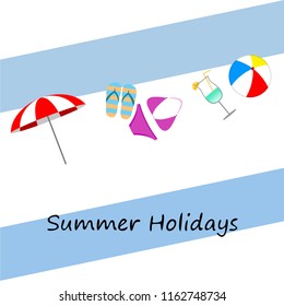 beach umbrella ball swimsuit flip flops cocktail summer holiday vector background