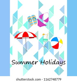 beach umbrella ball swimsuit flip flops cocktail summer holiday vector background