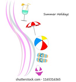 beach umbrella ball swimsuit flip flops cocktail summer holiday vector background