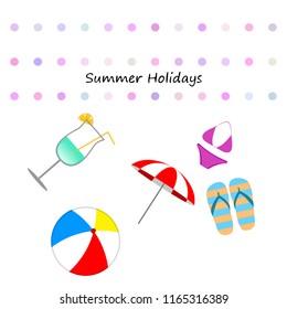 beach umbrella ball swimsuit flip flops cocktail summer holiday vector background
