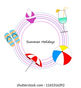 beach umbrella ball swimsuit flip flops cocktail summer holiday vector background