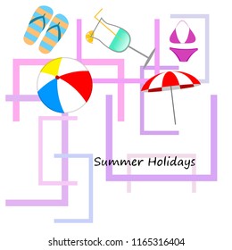 beach umbrella ball swimsuit flip flops cocktail summer holiday vector background