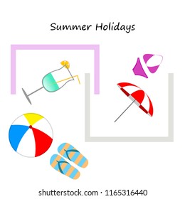 beach umbrella ball swimsuit flip flops cocktail summer holiday vector background