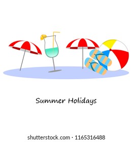 beach umbrella ball swimsuit flip flops cocktail summer holiday vector background