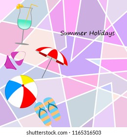 beach umbrella ball swimsuit flip flops cocktail summer holiday vector background