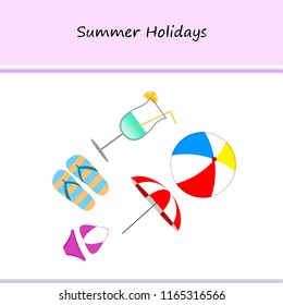 beach umbrella ball swimsuit flip flops cocktail summer holiday vector background