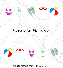 beach umbrella ball swimsuit flip flops cocktail summer holiday vector background