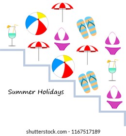 beach umbrella ball swimsuit flip flops cocktail summer holiday vector background