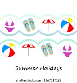 beach umbrella ball swimsuit flip flops cocktail summer holiday vector background